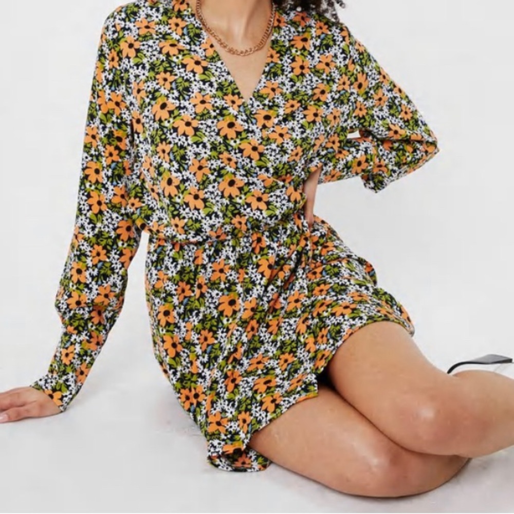 Floral V Neck Wrap Mini Dress